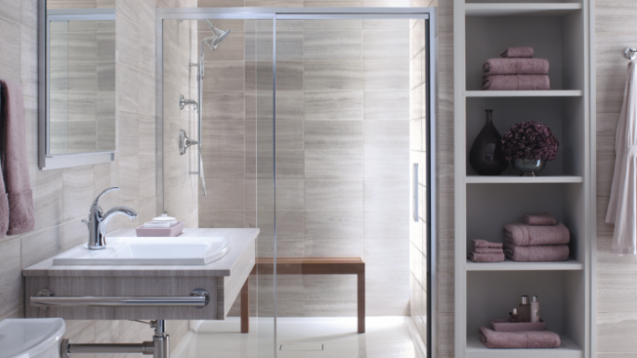 frameless shower doors in large bathroom